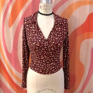 70s Floral Print Maroon Collared Tee